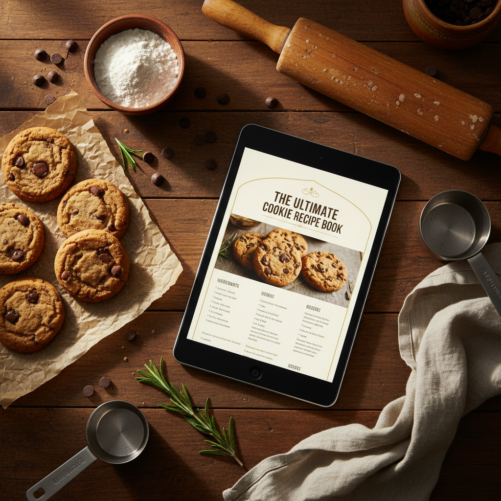 Warm flat-lay of freshly baked cookies with a rolling pin and recipe book